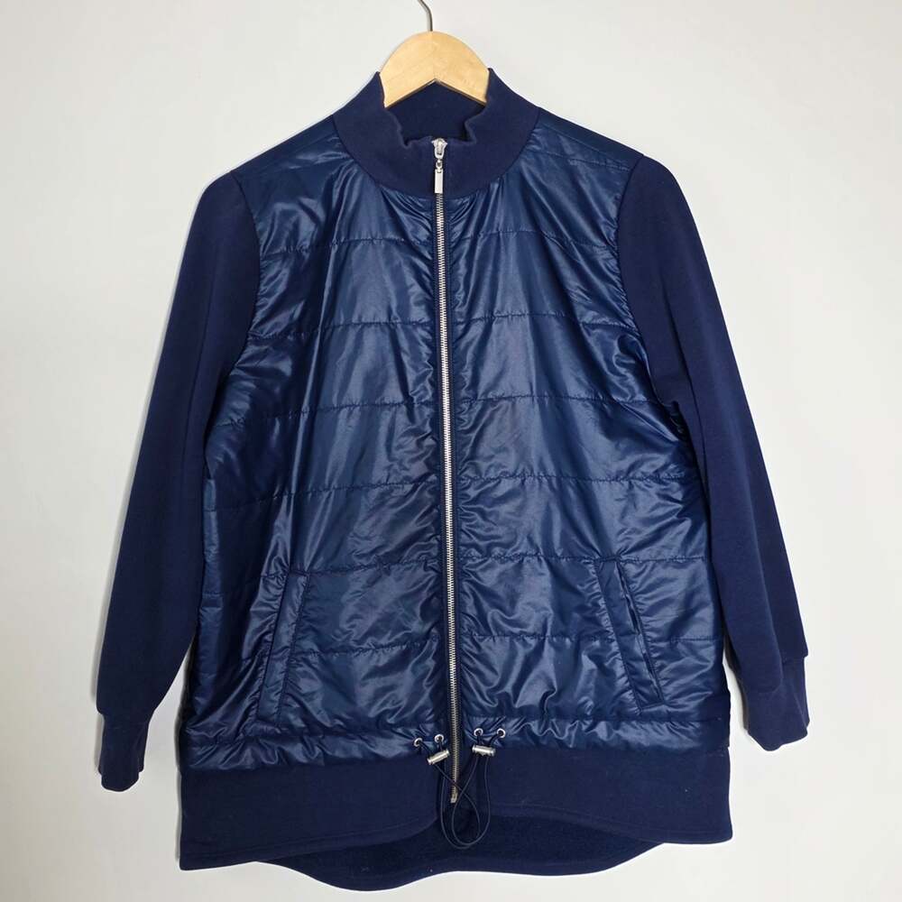 Chico's Zenergy Fleece Mixed Puffer in metallic purple/Blue Athleisure jacket